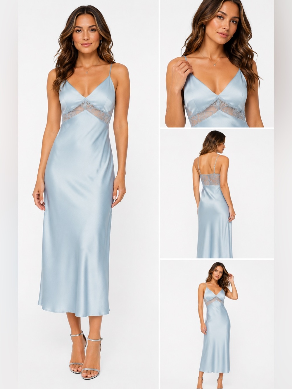 Dynamite Ashley Blue V-Neck Satin Slip Midi Dress Sz L NWT